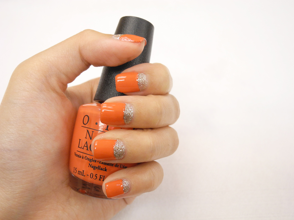 Nail Art - OPI M21 My Chihuahua Bites E49 All Sparkly and Gold french style gel color orange red gold yellow hongkong